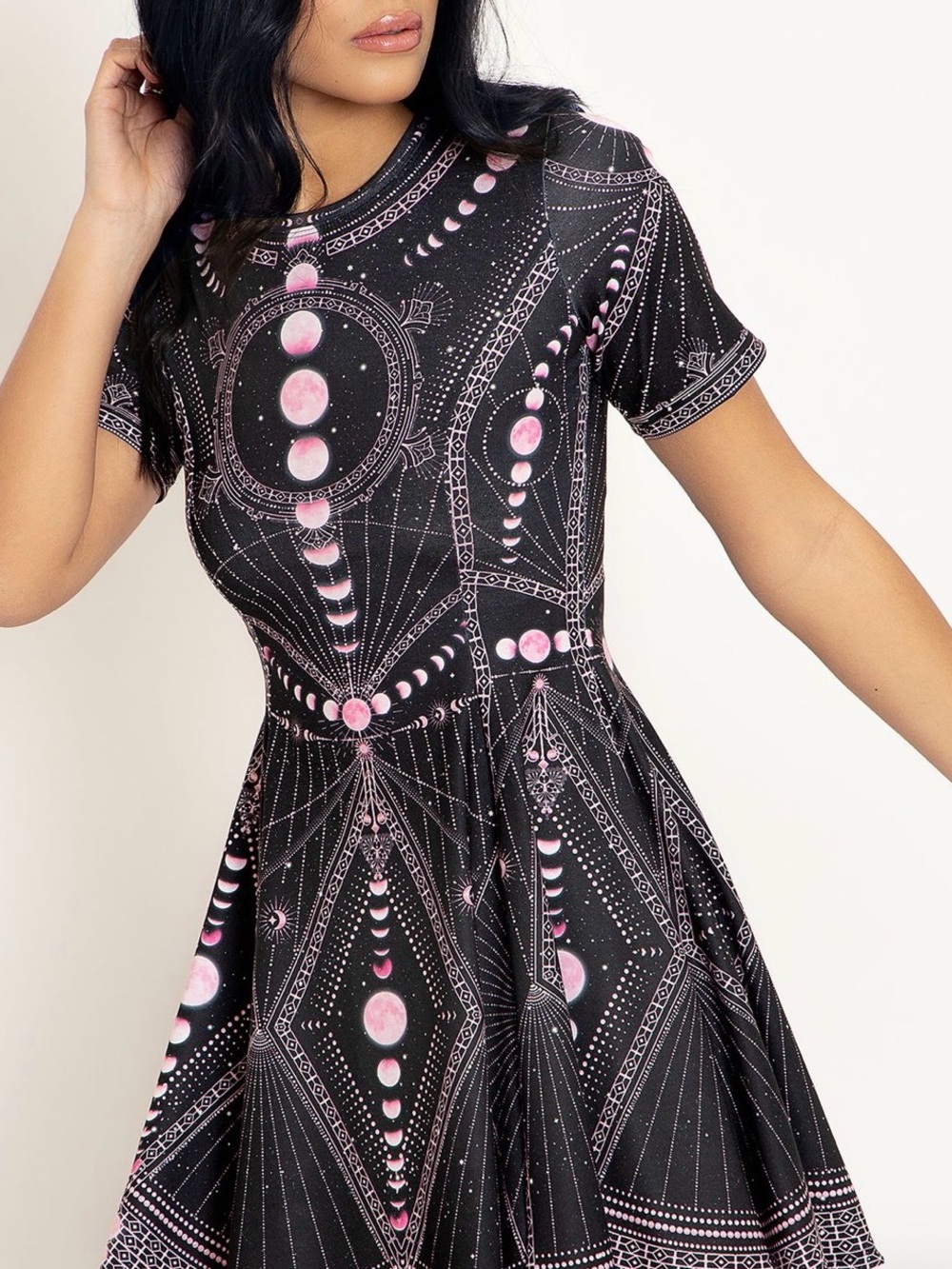 EUC Blackmilk Moon Phases Evil Tee Fit and Flare Dress w/ Pink Celestial Print